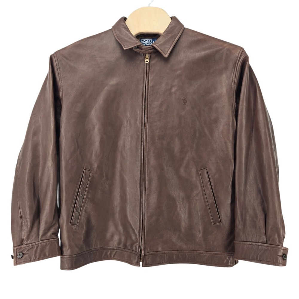 Vtg 90s Polo Ralph Lauren Jacket 100% Genuine Leather Harrington Brown Lined XL
